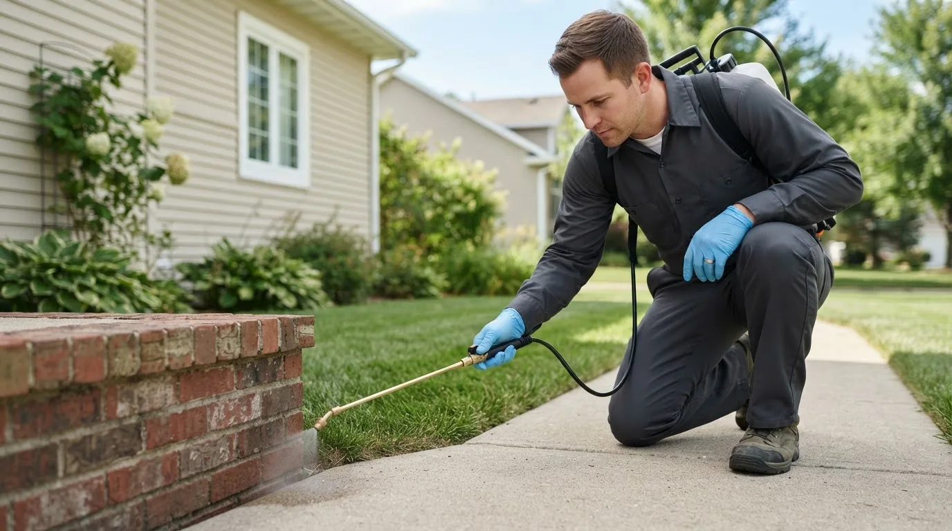 Pest control technician treating a home near Staley, NC